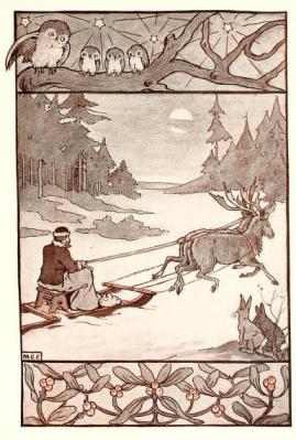 Santa Claus sits on a simple sled 